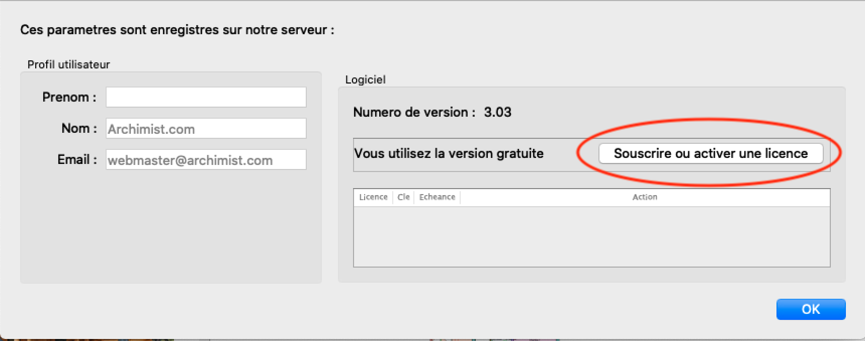 Fenêtre de paramètres de compte Fenêtre de paramètres de compte